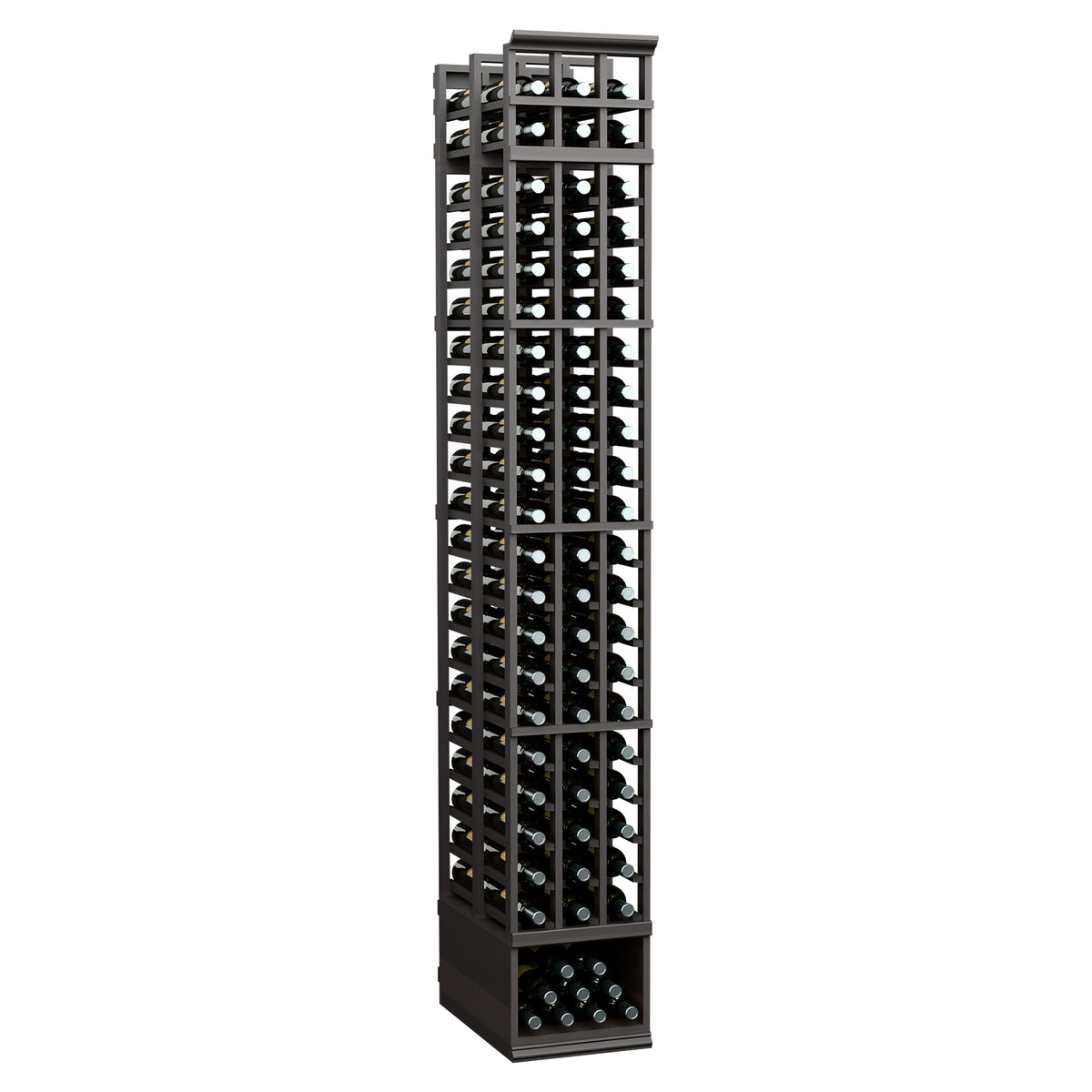 Double deep wine rack with 3 columns and bottle holders, dark frame and base