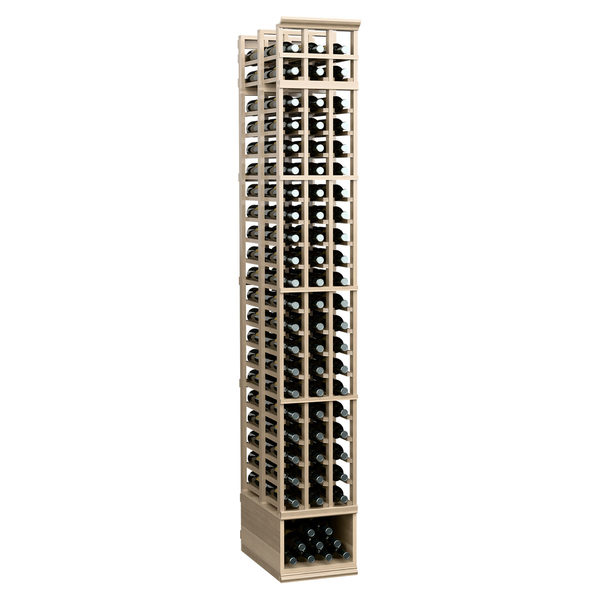 8 ft 3-column double-deep wine bottle rack, light wood with white frame, angled