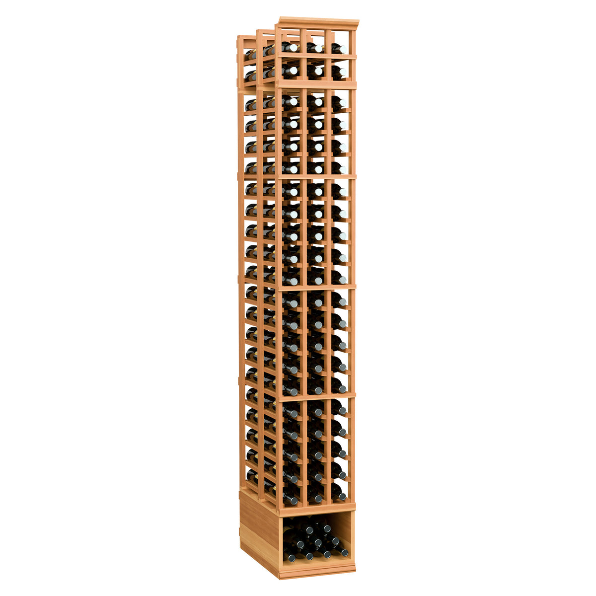8 ft 3-column double-deep wine bottle rack, warm wood with natural frame