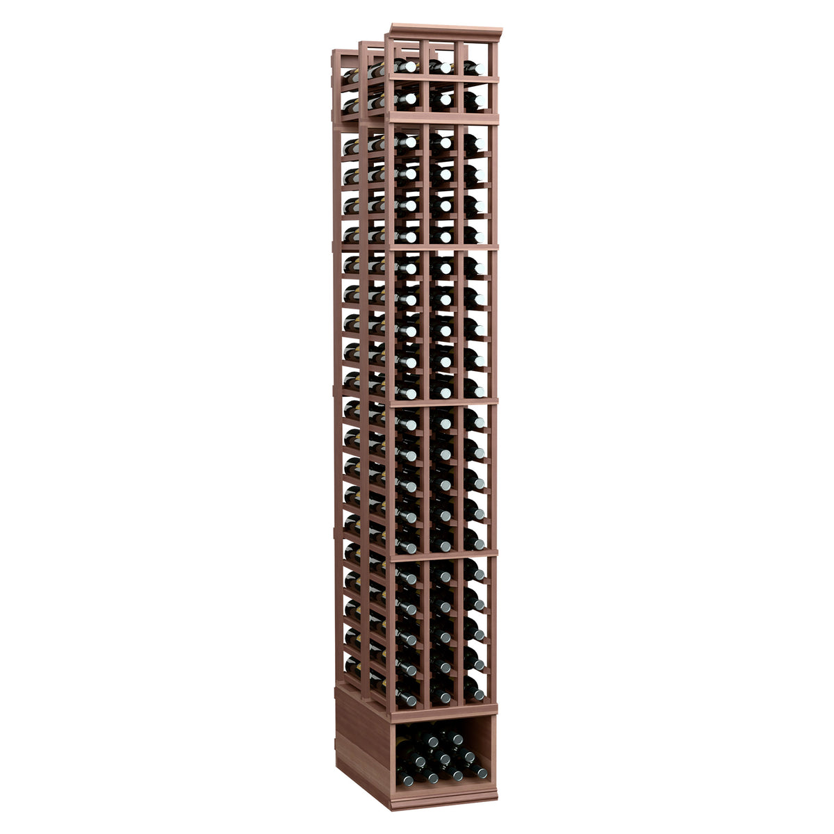 8 ft 3-column double-deep wine bottle rack, dark wood with espresso frame