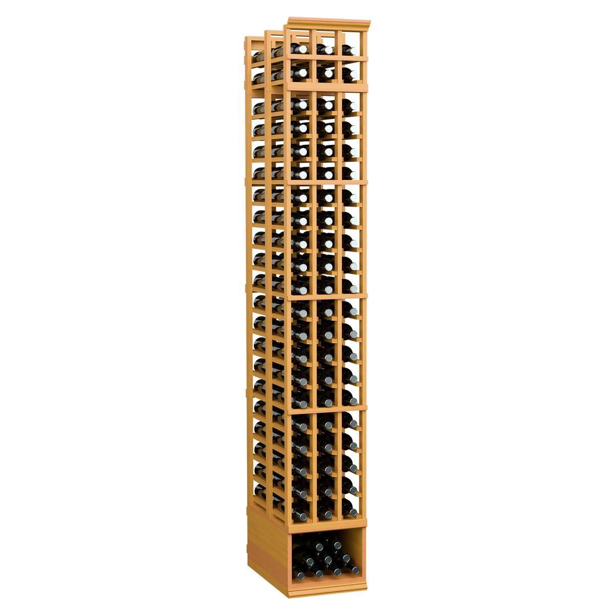 8 ft 3-column double-deep wine bottle rack, golden wood with light frame
