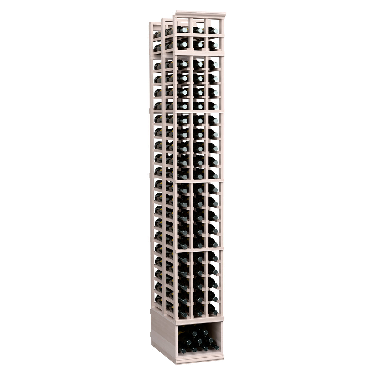 8 ft 3-column double-deep wine bottle rack, gray wood with white frame