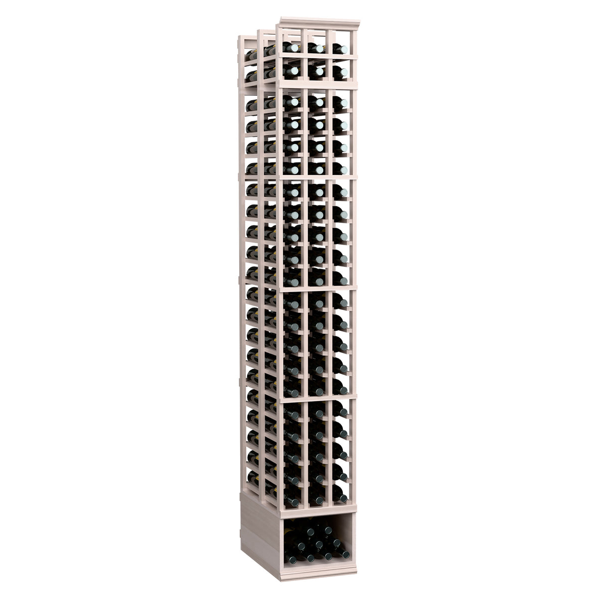 8 ft 3-column double-deep wine bottle rack, gray wood with white frame, angled