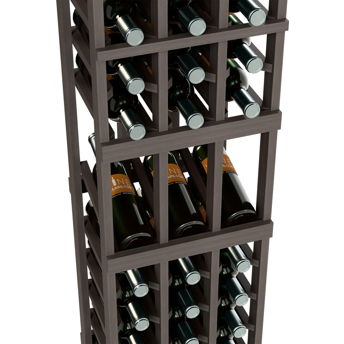 Wine bottle rack with dark frame, three-tier grid holding bottles by the neck