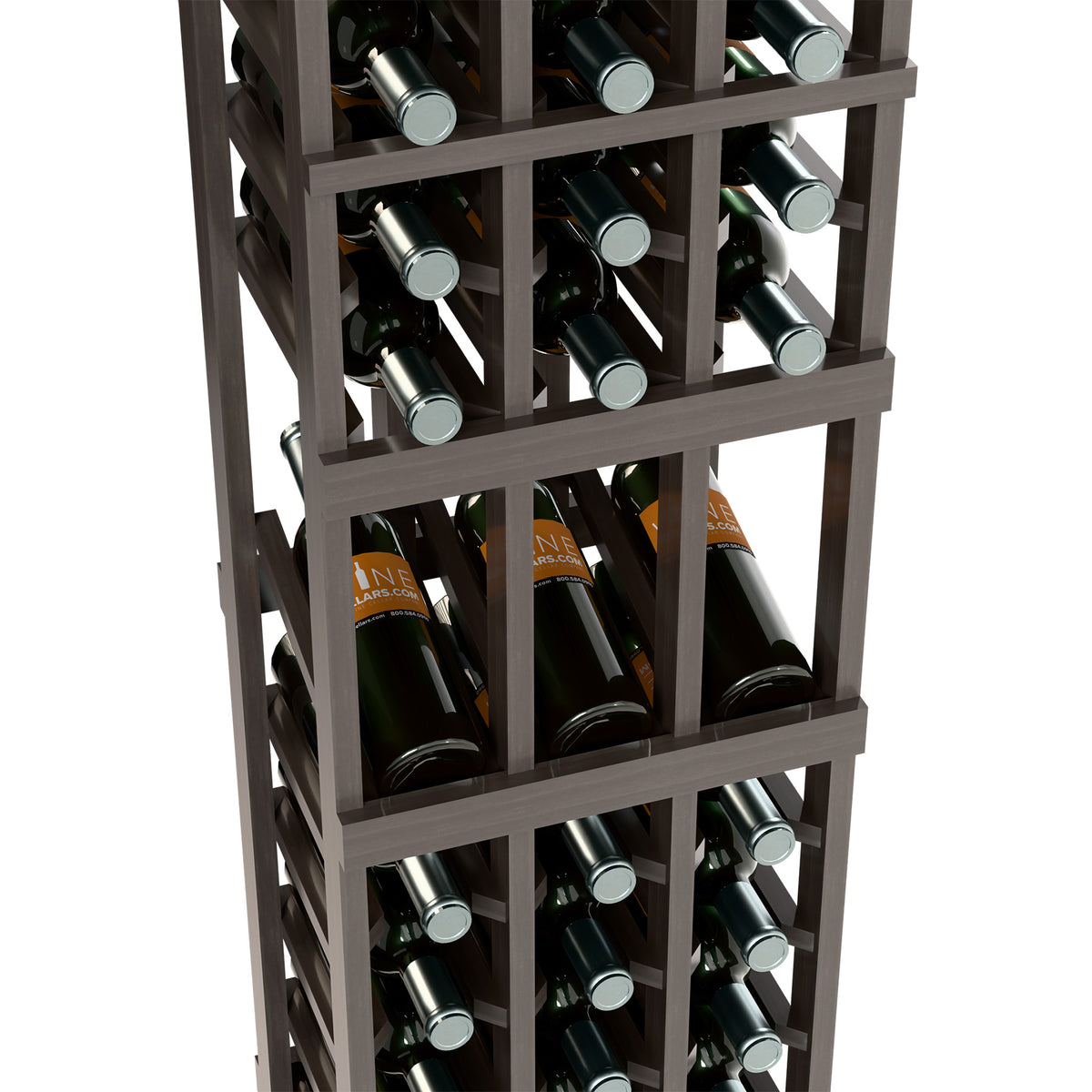 Dark wine bottle rack close-up showing bottles in square openings across tiers