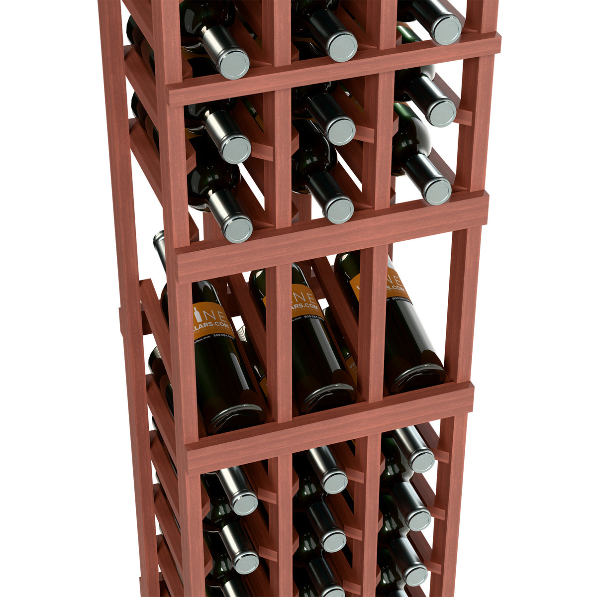 Reddish wine bottle rack close-up with silver bottle caps in open square grid