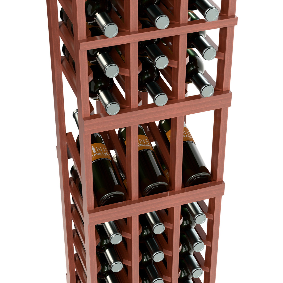 Reddish wine bottle rack close-up showing bottles held in square openings