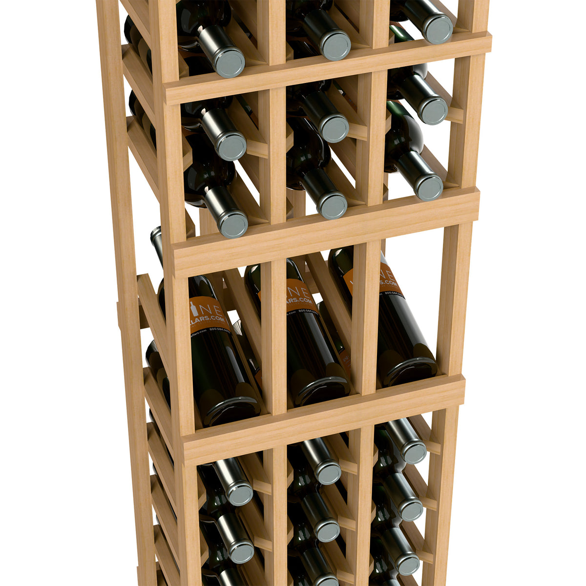 Light wood wine bottle rack close-up with three tiers and bottle neck openings