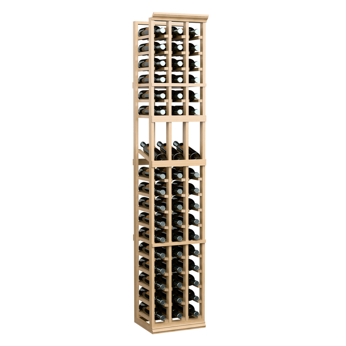 Wood wine bottle display rack with three columns and bottle slots