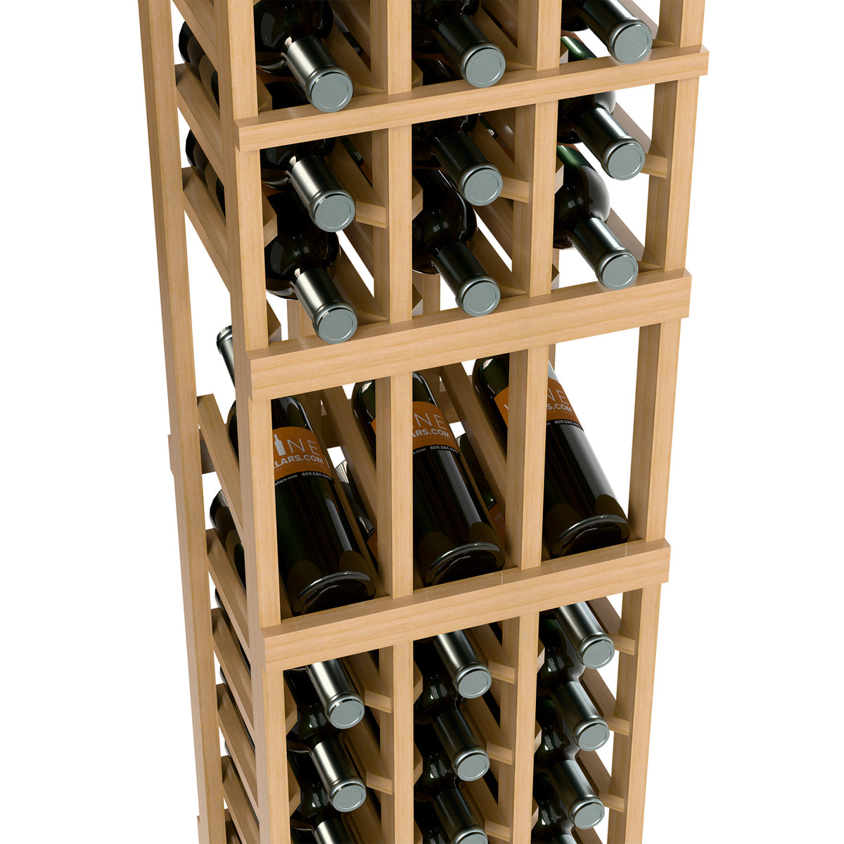 Wine bottle display rack close-up with light wood frame and grey bottle caps