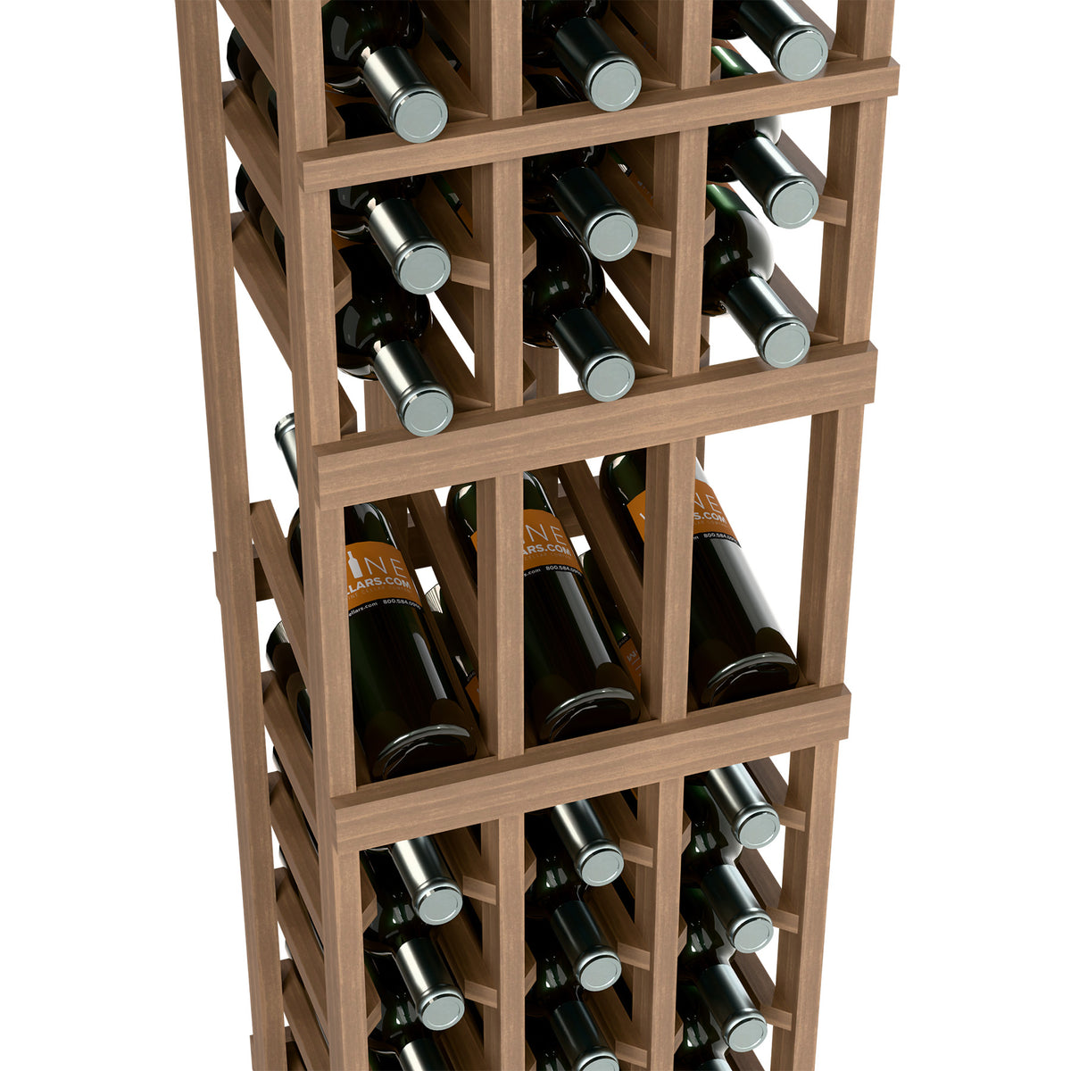 Wine bottle rack detail with light wood slats and dark bottles in compartments