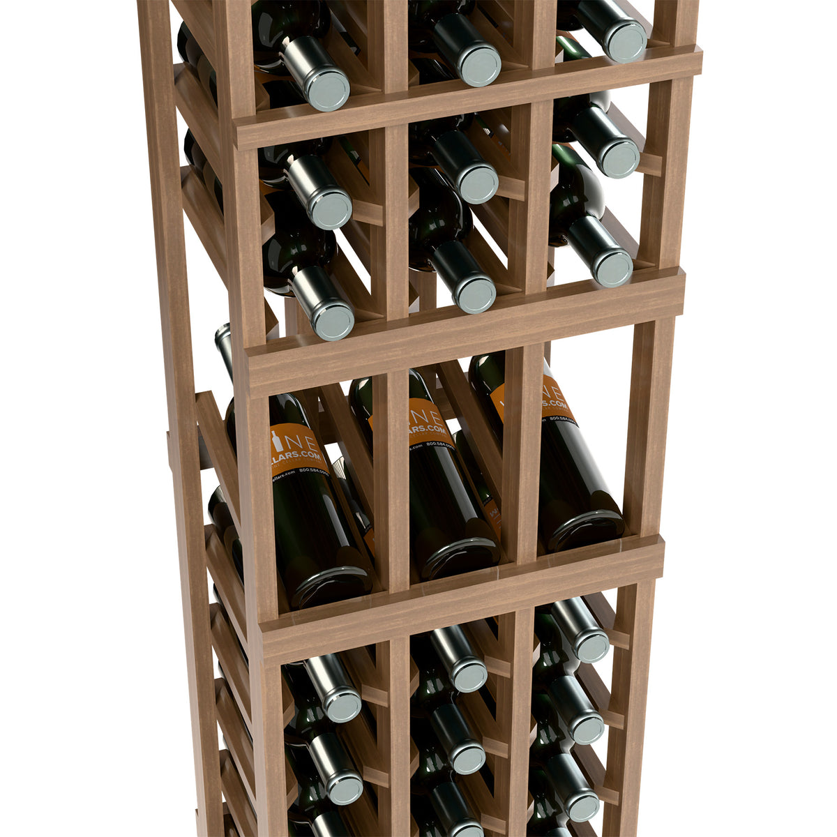 Close-up of wine bottle rack with light wood frame and stacked bottle compartments