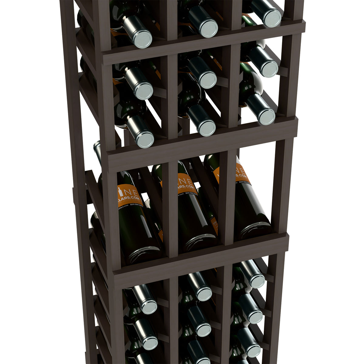Wine bottle rack close-up with dark stained frame and grey bottle caps