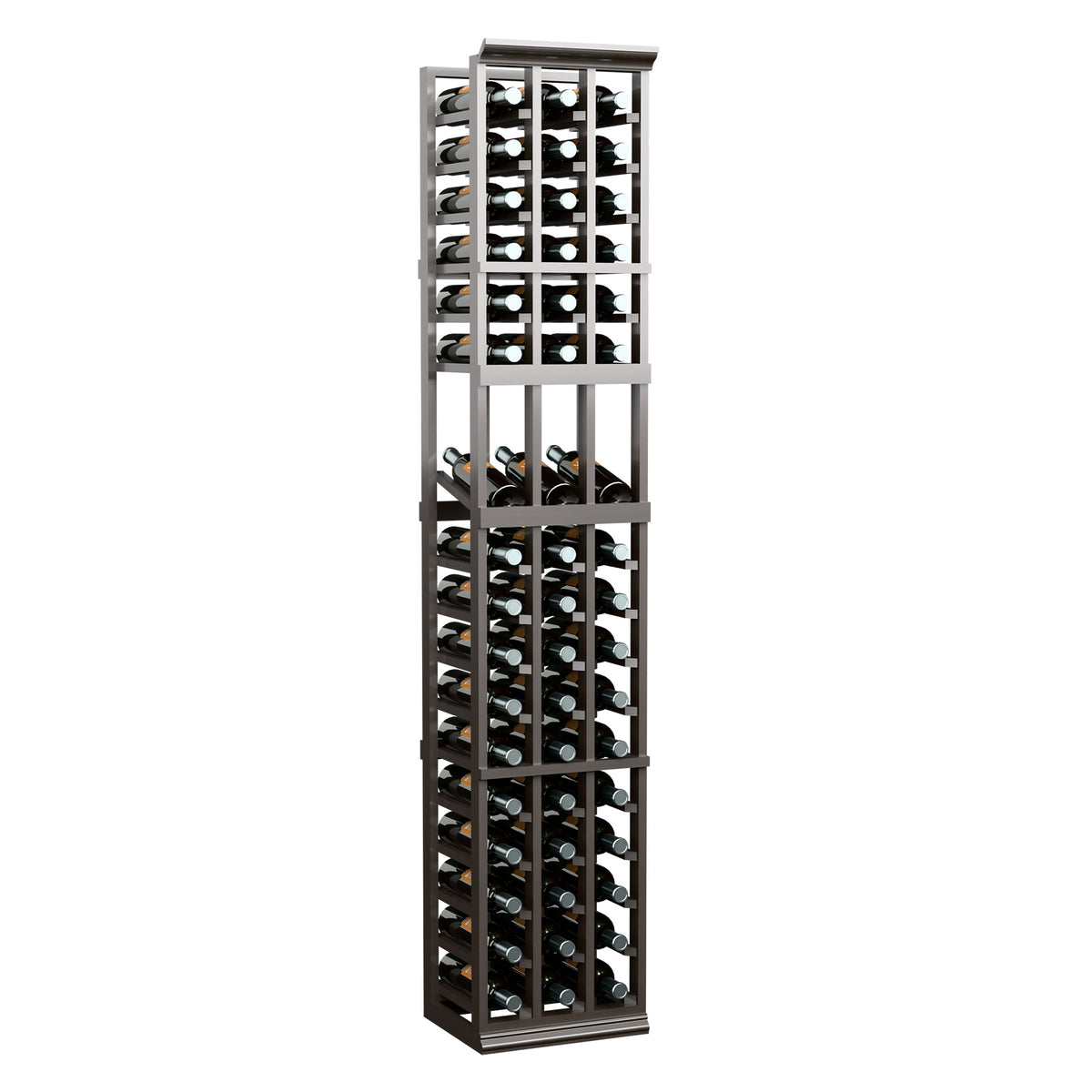 Tall wine bottle display rack with dark stained wood and bottle slots