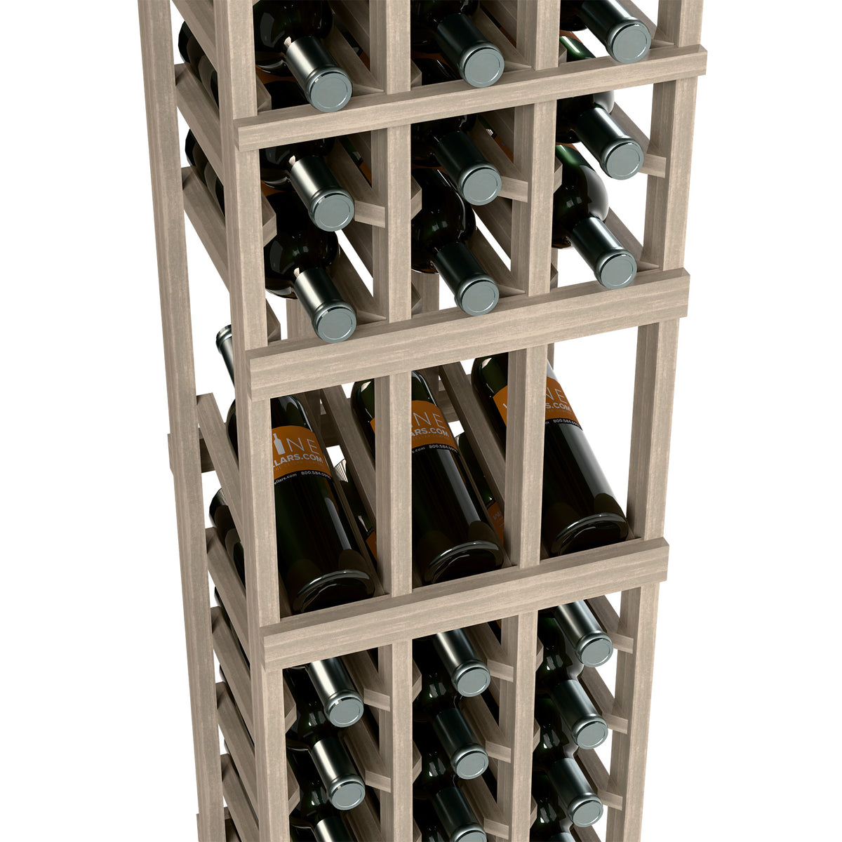 Light wood 3-column wine rack with front open shelves holding bottles by their necks