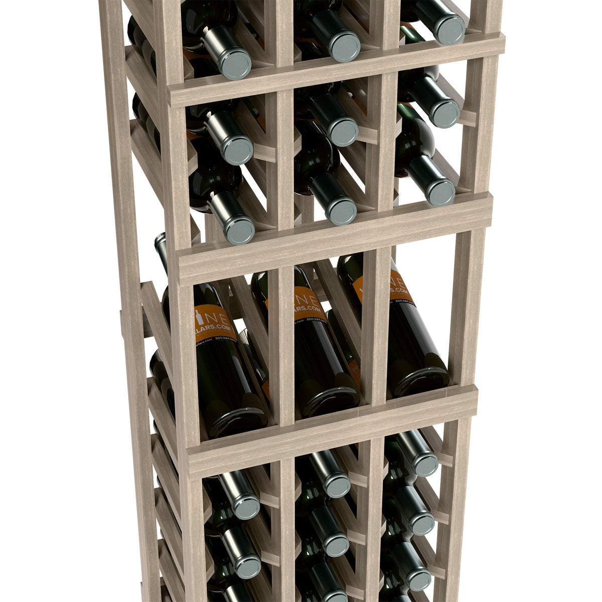 Light wood 3-column wine rack with open front shelves and bottle-neck holders, angled view