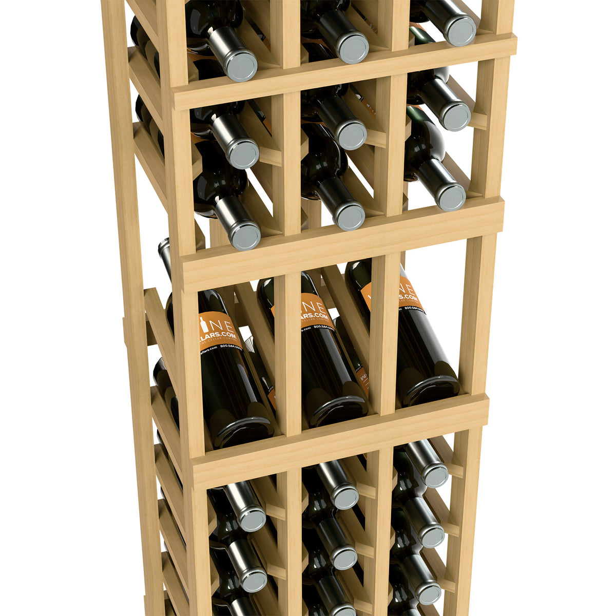 Natural light wood 3-column wine rack with open shelves holding dark bottles, angled view