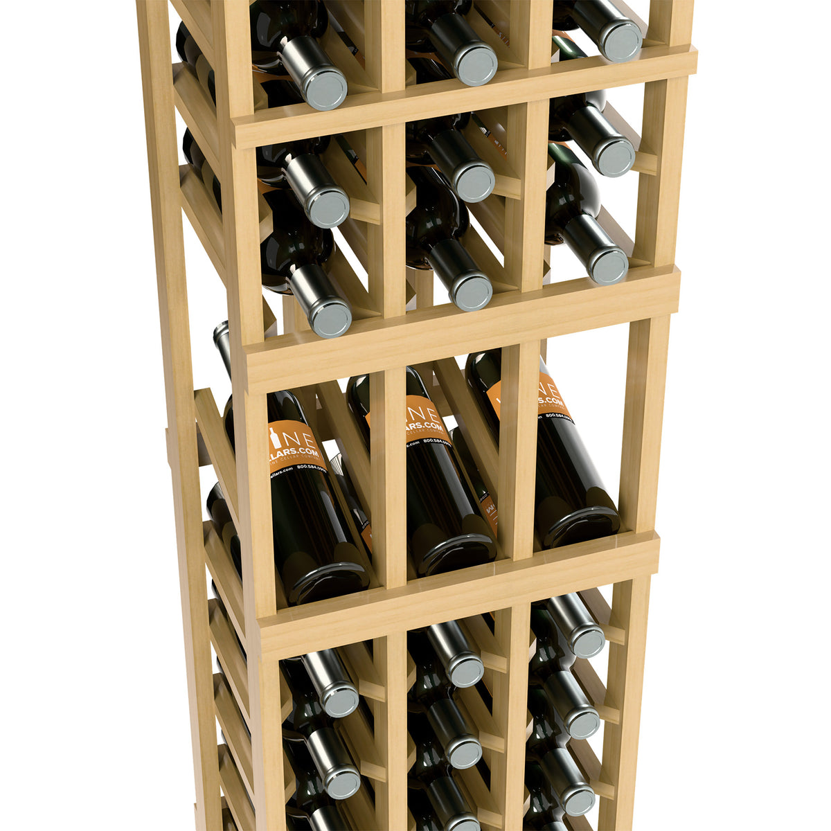 Natural light wood 3-column wine rack with front shelves and bottle-neck holders, close-up