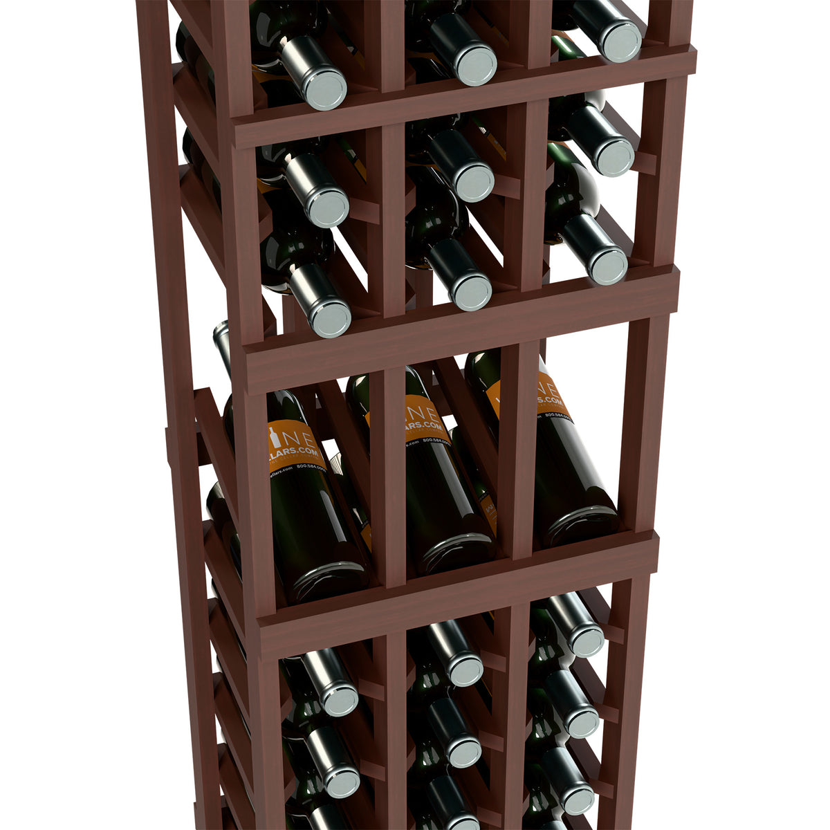 Dark wood 3-column wine rack with open front shelves holding bottles, angled close-up