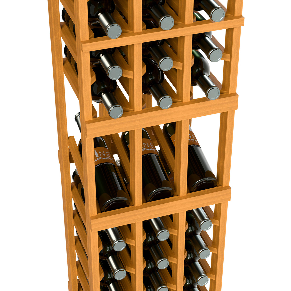 Close-up of natural wood wine rack showing rows of bottles with silver metal caps