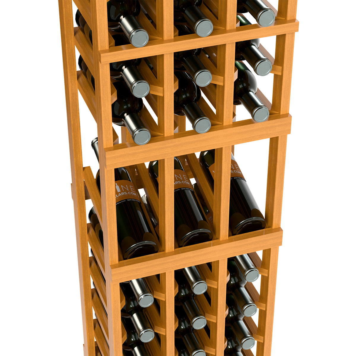 Close-up of natural wood wine rack with three sections holding wine bottles