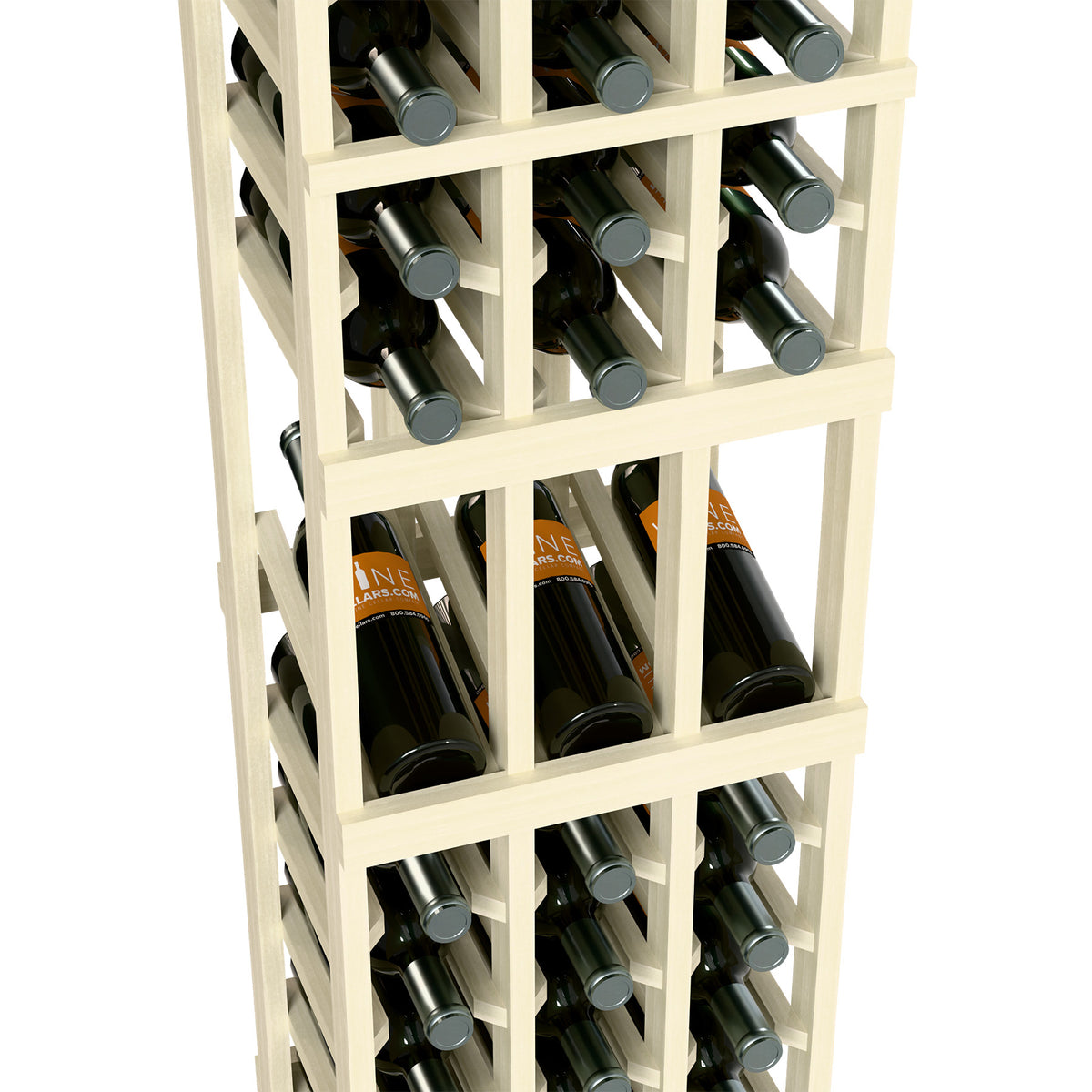 Close-up of white wine rack with three rows of wine bottles and silver metal bottle bases