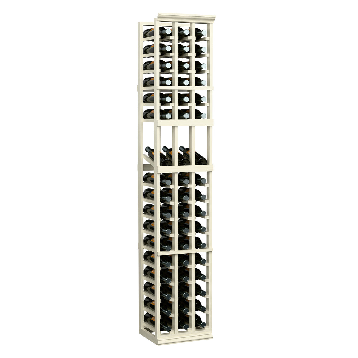 Three-column wine bottle display rack, white wood frame with open shelves for bottles