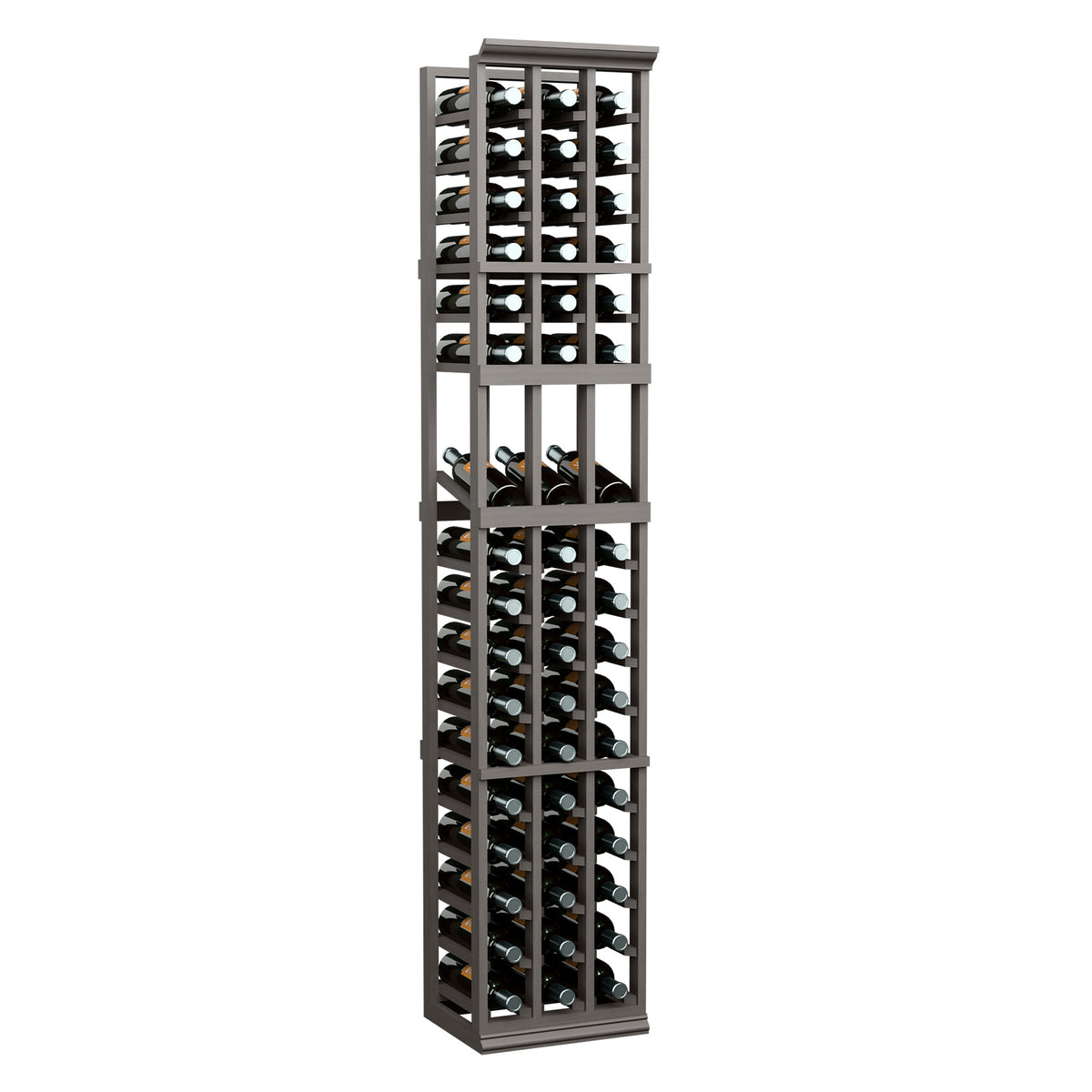 Wine bottle display rack with front grid holding bottles on a tall 6 ft frame