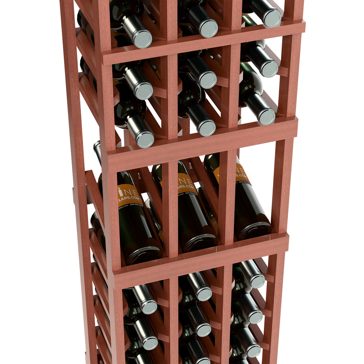 Wine bottle rack close-up with bottles stored upright in red wooden compartments