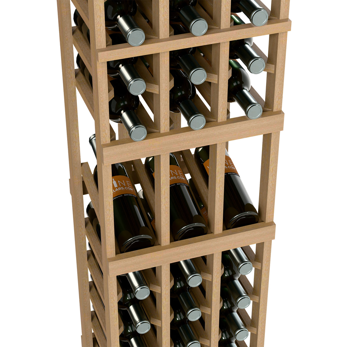 Wine bottle rack close-up showing bottles in light wood cubby slots with metal caps