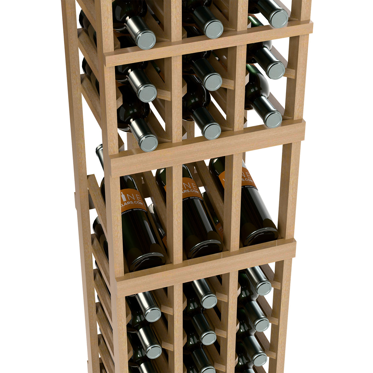 Close-up of light wood wine rack with three rows of bottles and gray metal caps