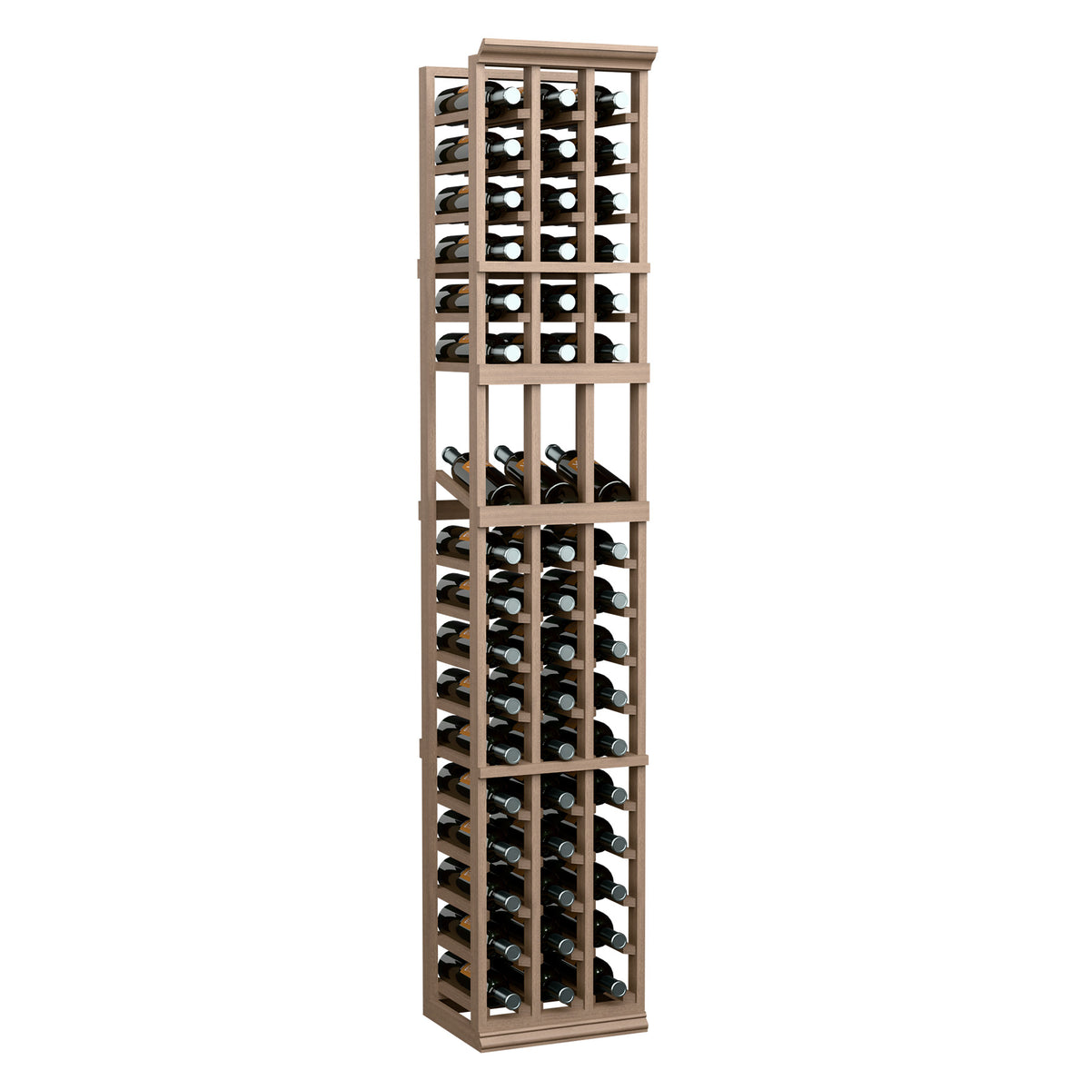 Wine bottle display rack with light wood frame, three-column bottle holder grid