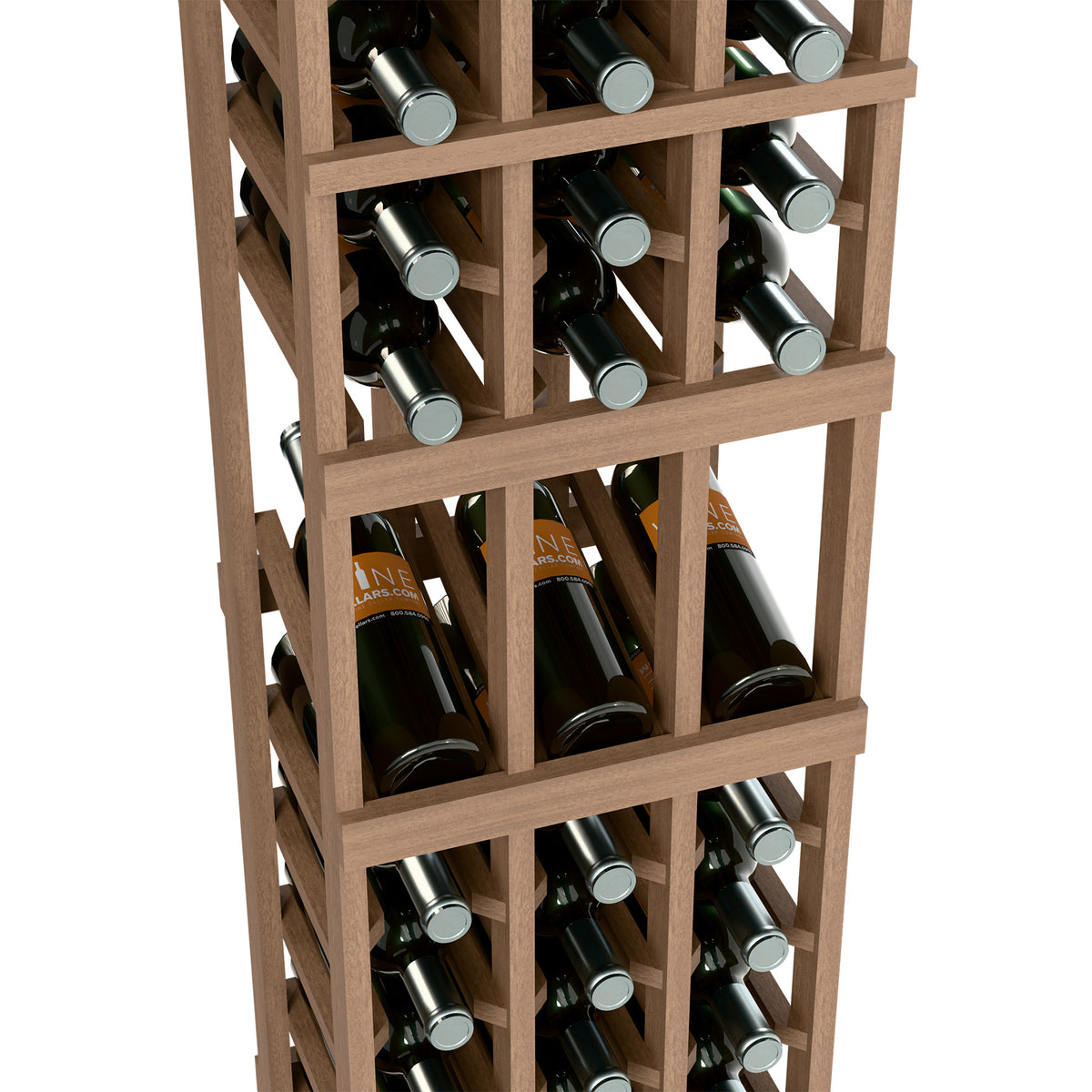 Close-up view of light wood wine bottle display rack with bottle necks in slots
