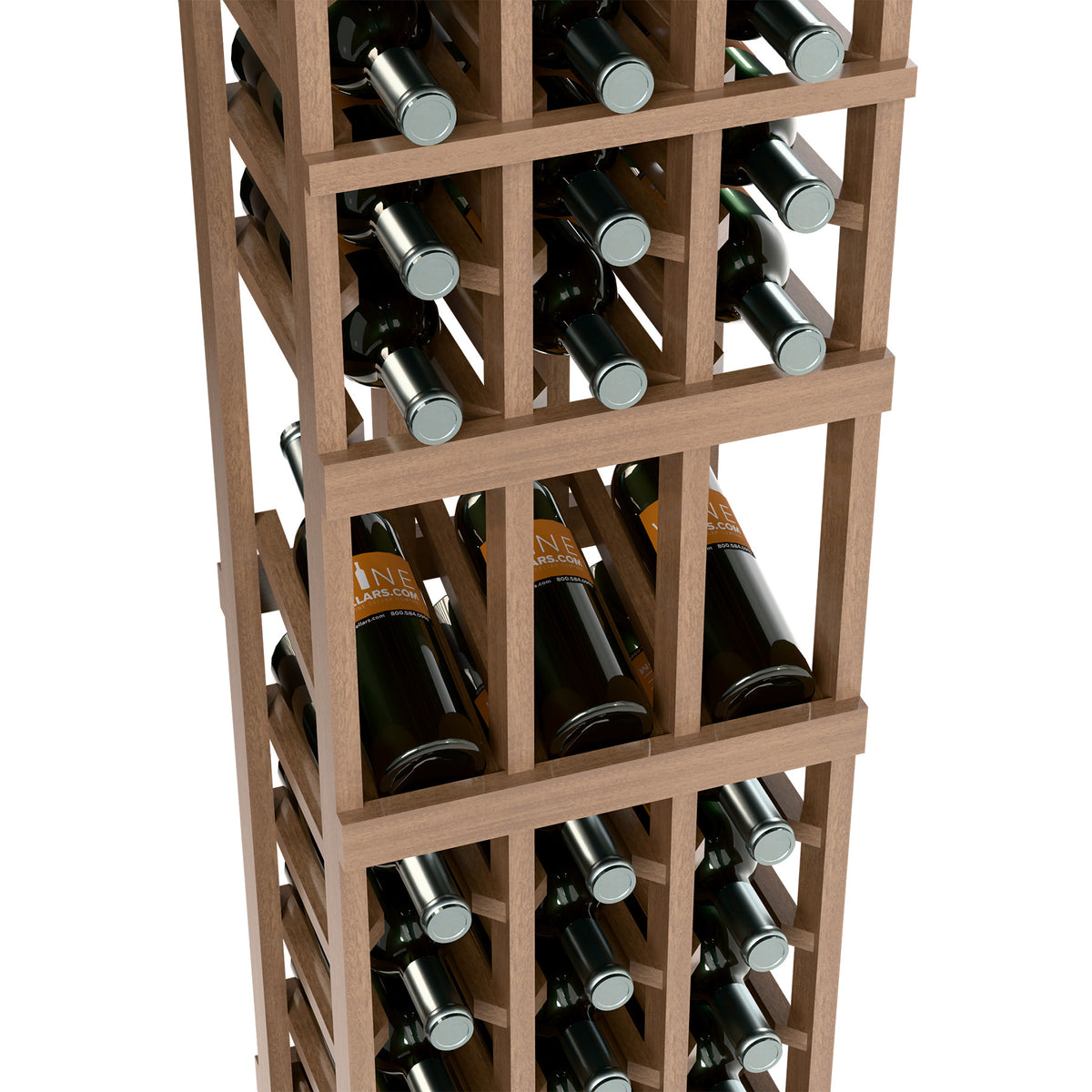 Close-up of light wood wine rack showing bottle openings and gray caps