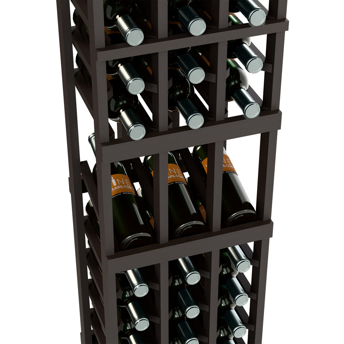 Close-up of dark wood wine rack with bottles stored in three rows