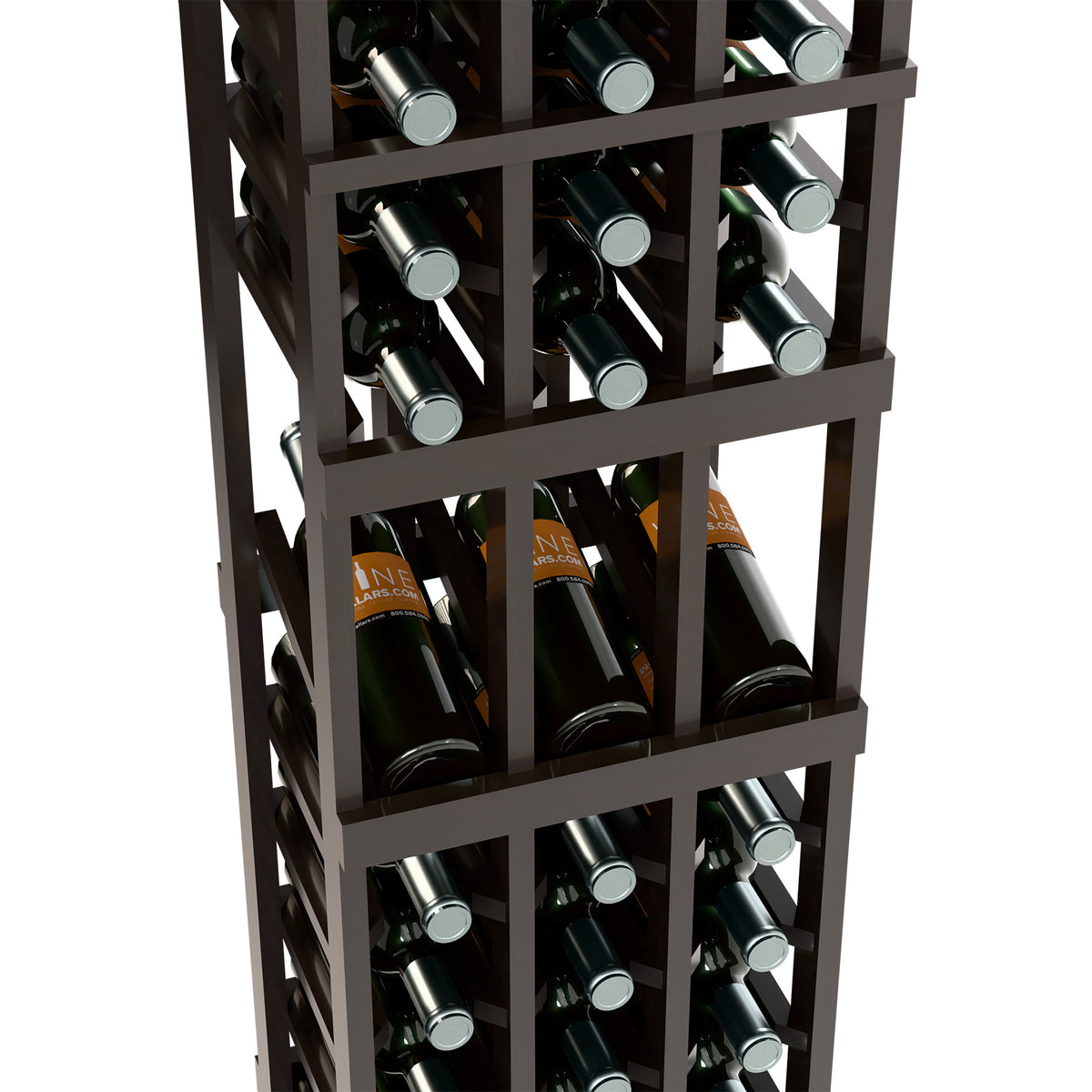 Close-up of dark wood wine bottle display rack with bottles in front slots