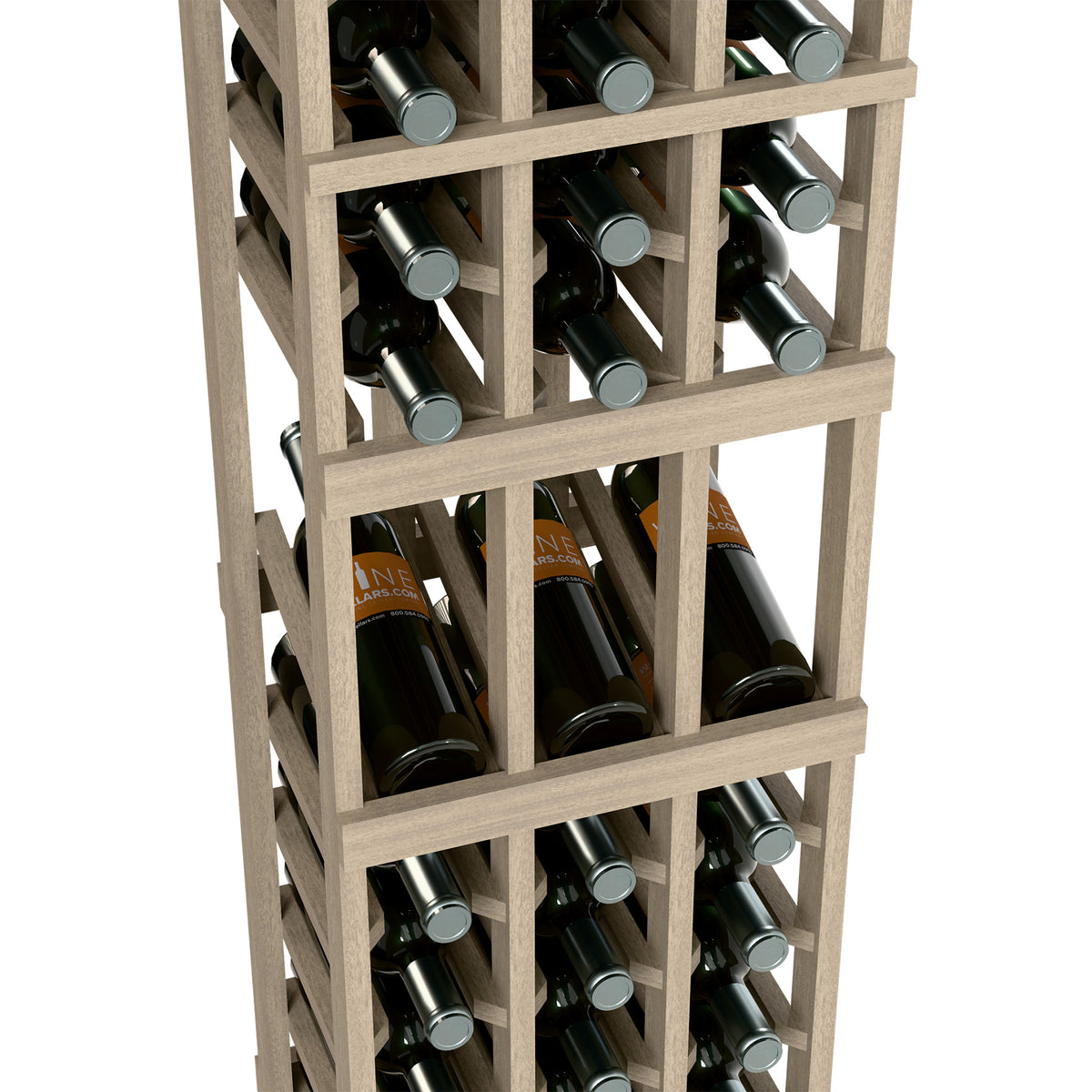 Wine display rack interior with bottle necks and caps in light grey wood cubbies