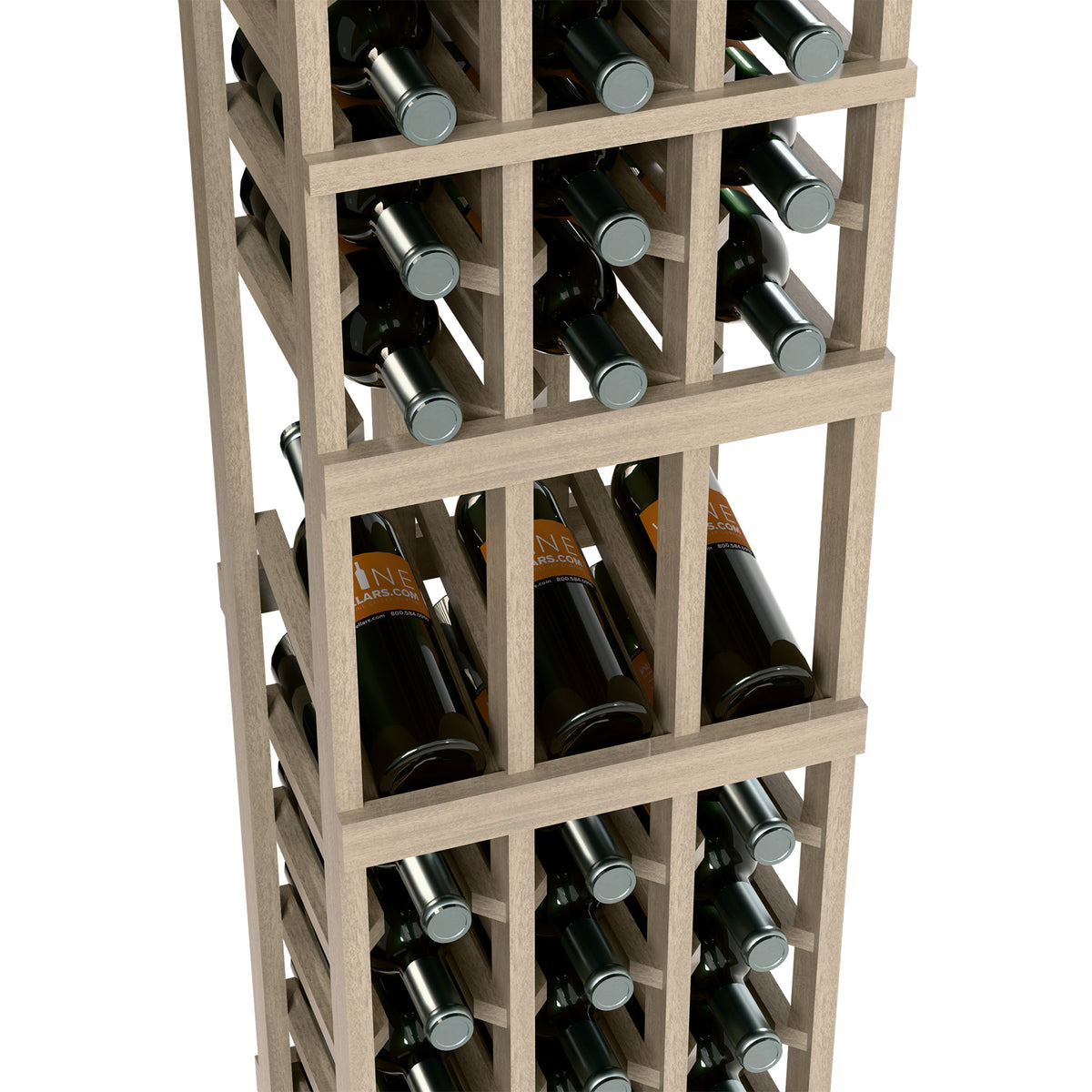Close-up of wine display rack interior with bottles in light grey wood slots