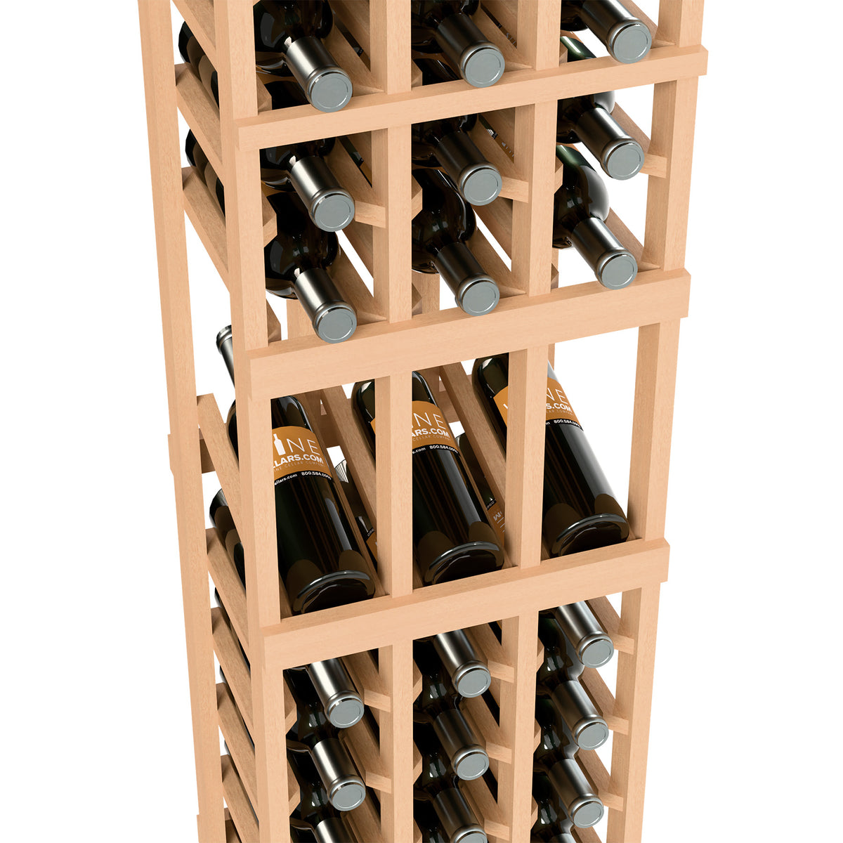 Wine display rack interior showing bottle necks and caps in light wood cubbies