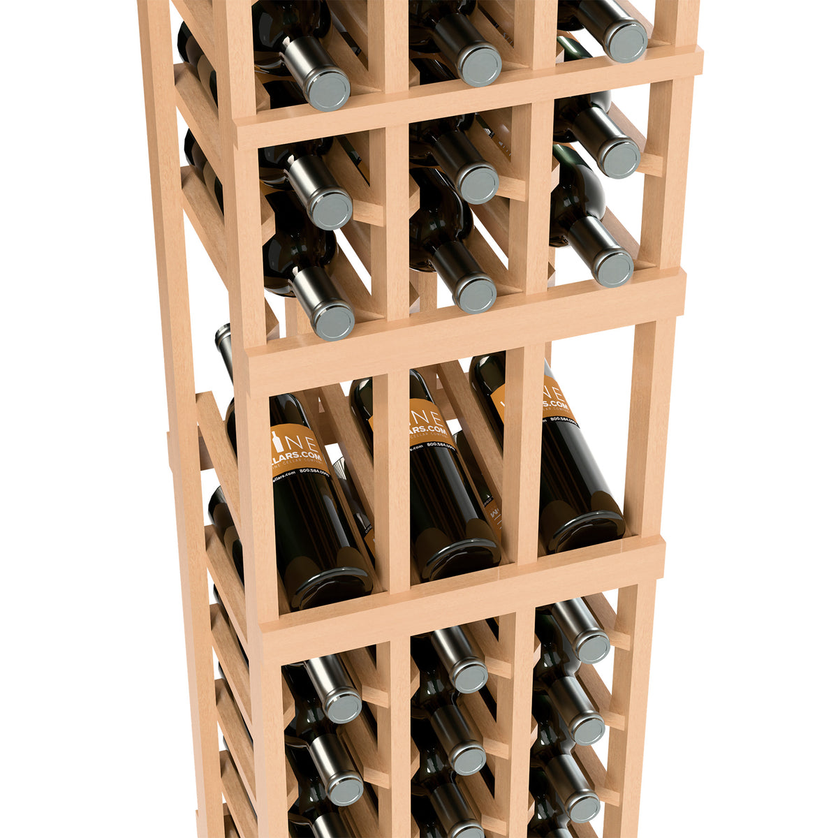 Close-up of wine display rack interior with bottles in light wood slots