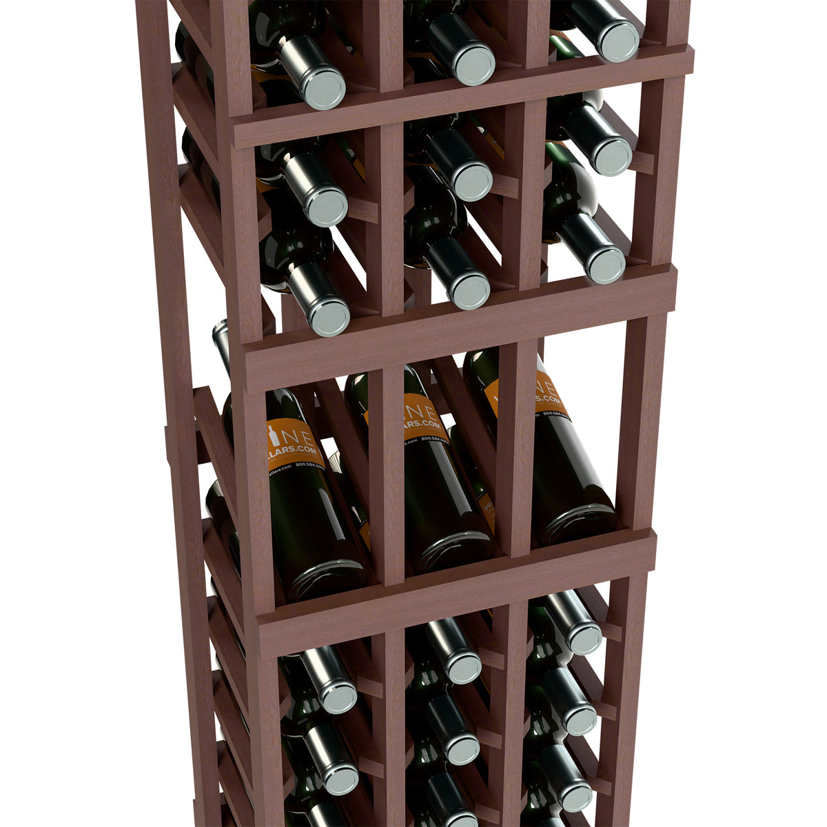 Close-up of wine display rack interior with bottles in dark brown wood slots