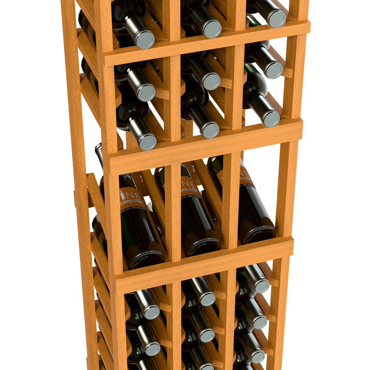 Wine display rack close-up with wine bottles in natural light wood cubby shelves