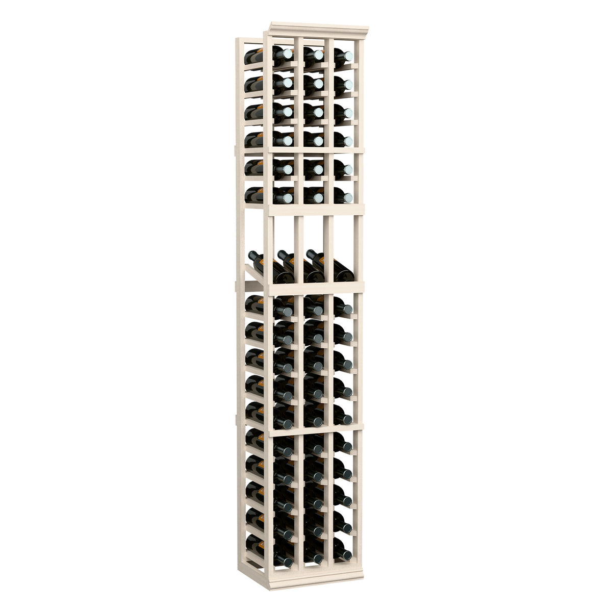 3-column wine display rack with stacked wine bottles, white wood frame