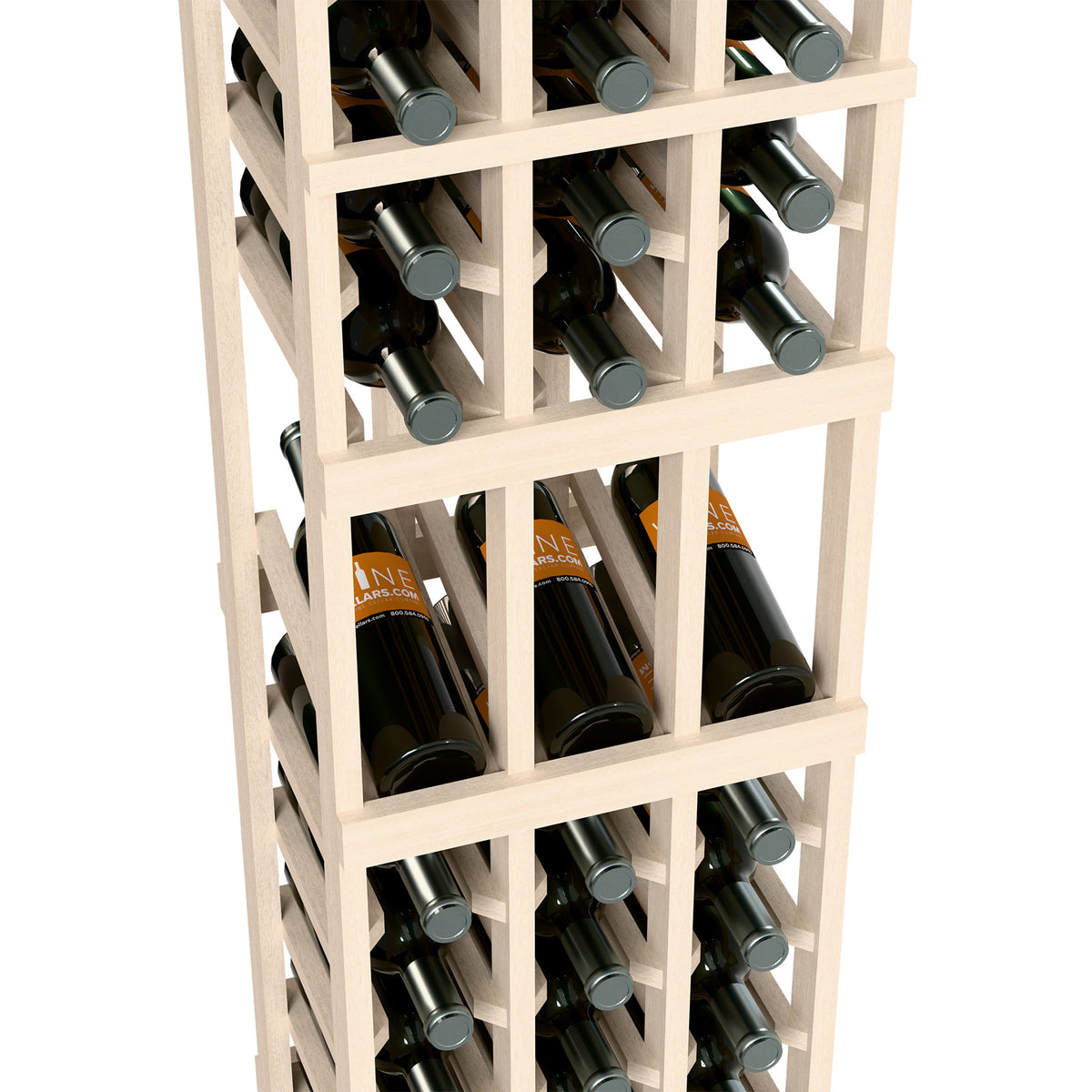 Wine display rack close-up with wine bottles in white cubby shelves