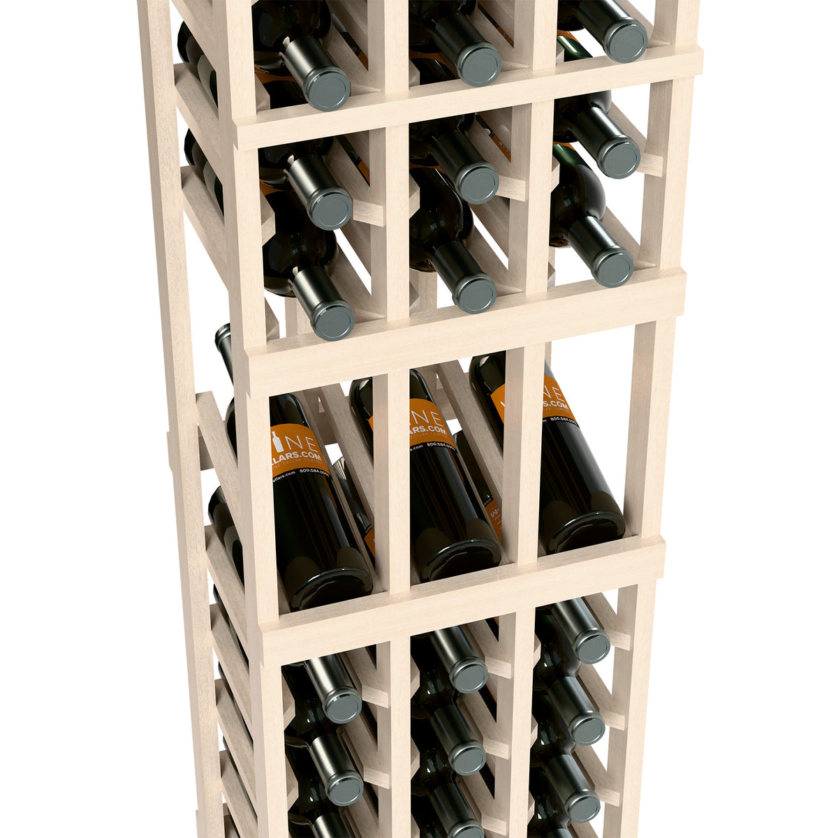Wine display rack close-up with wine bottles in white cubby shelves