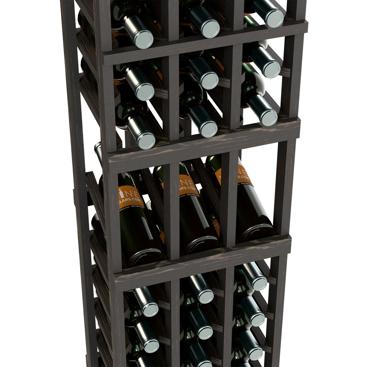 Close-up of 3-column wine rack with dark frame and wine bottles in individual slots