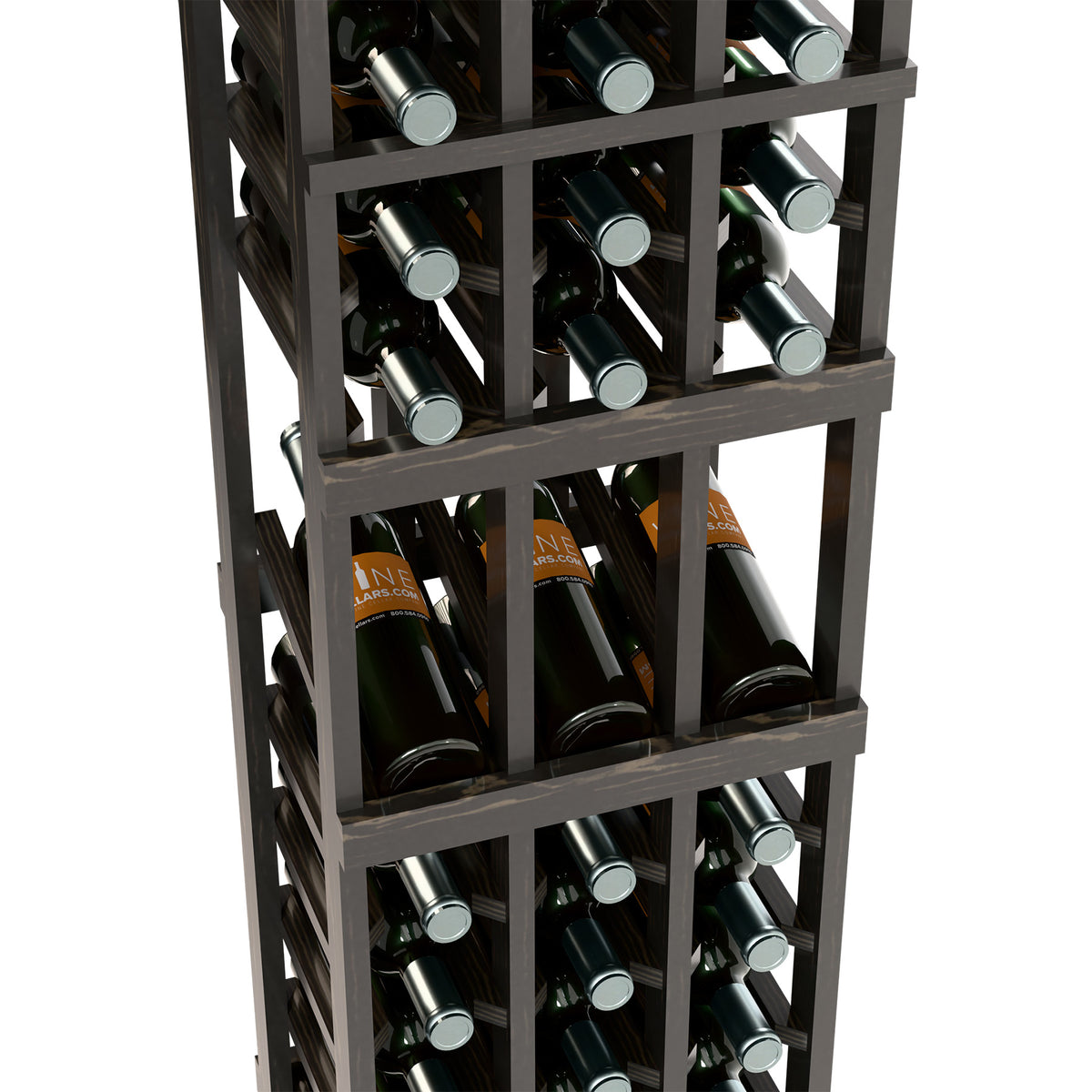 Close-up view of 3-column wine rack, dark frame with bottles and silver bottle necks