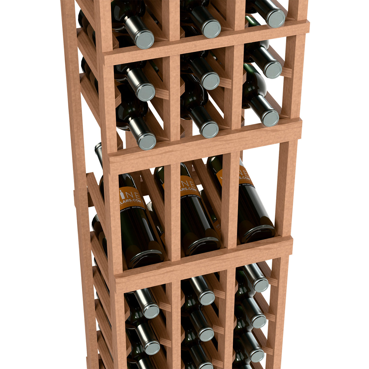 Close-up of 3-column wine rack with reddish frame and upright wine bottles in slots