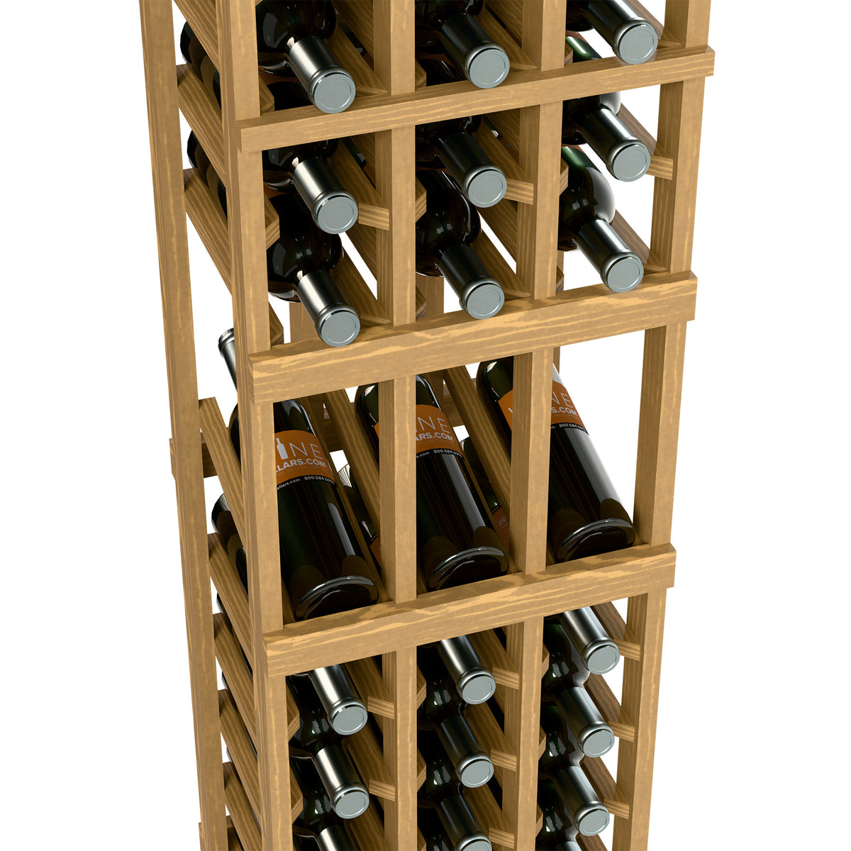 Angled view of wooden 3-column wine rack with bottle rows and gray metal caps