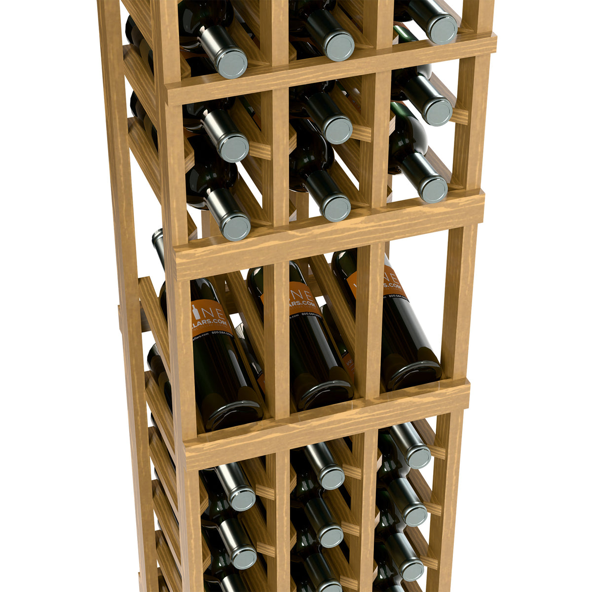 Close-up of wooden 3-column wine display rack showing bottle storage and metal caps